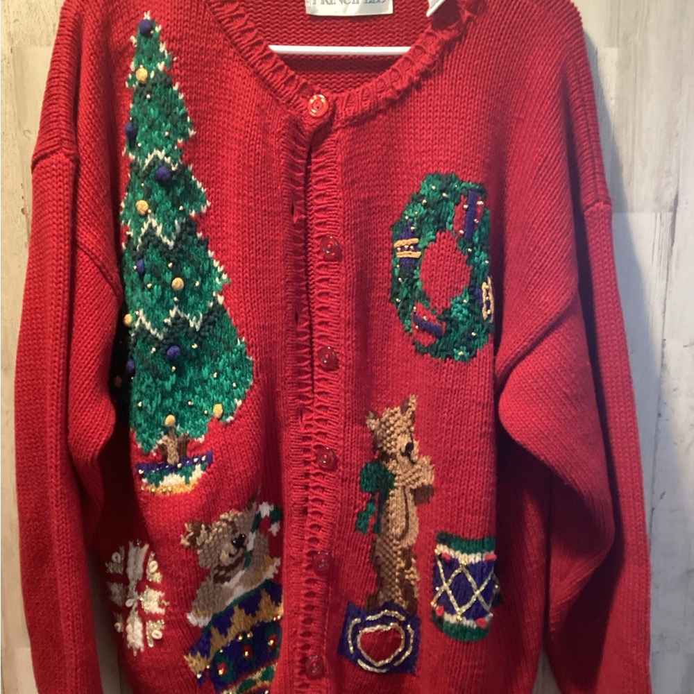 Festive Red Christmas Sweater with Tree and Bear Design